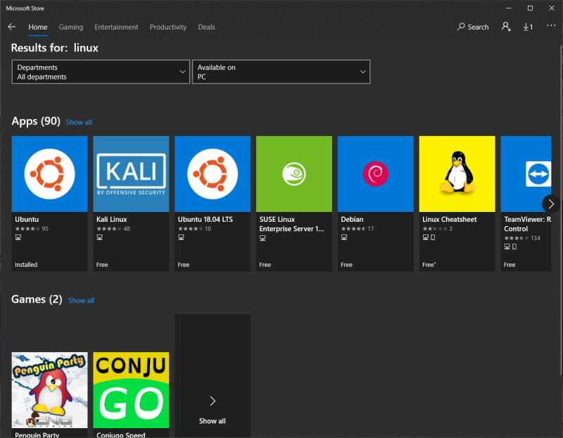 Linux in the Microsoft store