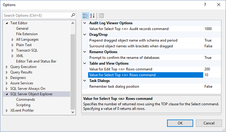 SQL Server Object Explorer Options